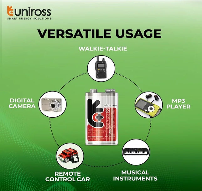 Uniross 9V Rechargeable Battery Pre-Charged Compatible for High Drainage Devices Ni-MH 210 mAh Capacity