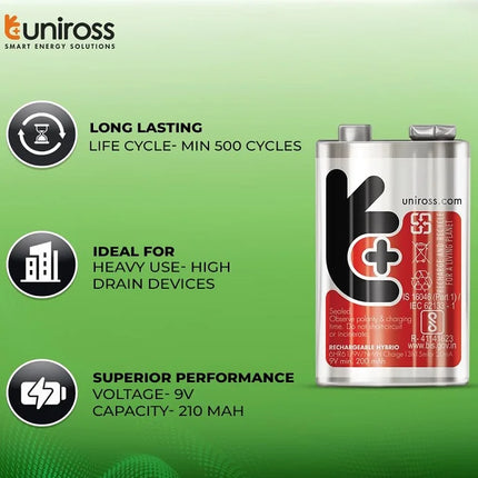Uniross 9V Rechargeable Battery Pre-Charged Compatible for High Drainage Devices Ni-MH 210 mAh Capacity