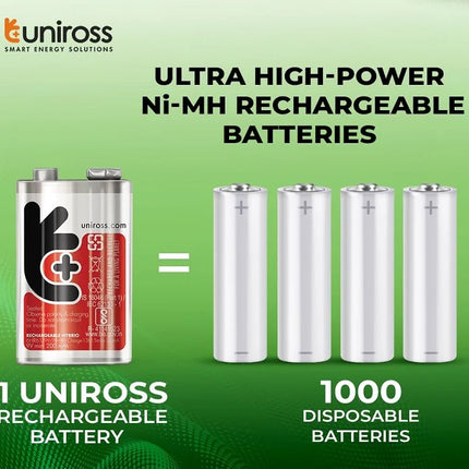 Uniross 9V Rechargeable Battery Pre-Charged Compatible for High Drainage Devices Ni-MH 210 mAh Capacity