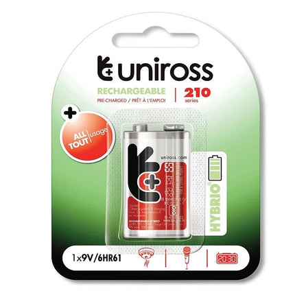 Uniross 9V Rechargeable Battery Pre-Charged Compatible for High Drainage Devices Ni-MH 210 mAh Capacity
