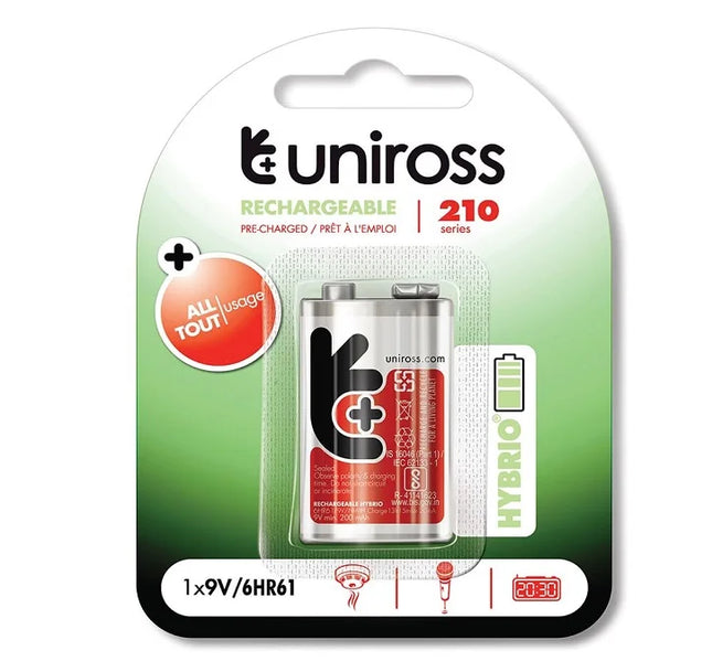 Uniross 9V Rechargeable Battery Pre-Charged Compatible for High Drainage Devices Ni-MH 210 mAh Capacity
