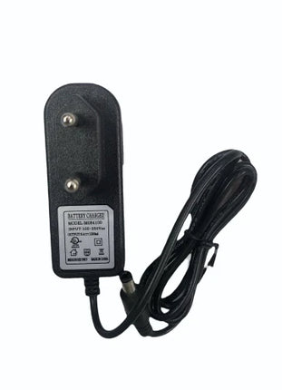 Black battery charger with a label on a white background