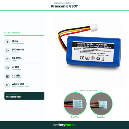 14.4V 3500mAh Li-ion Replacement Battery for Proscenic & Liectroux Robot Vacuum (White Connector)