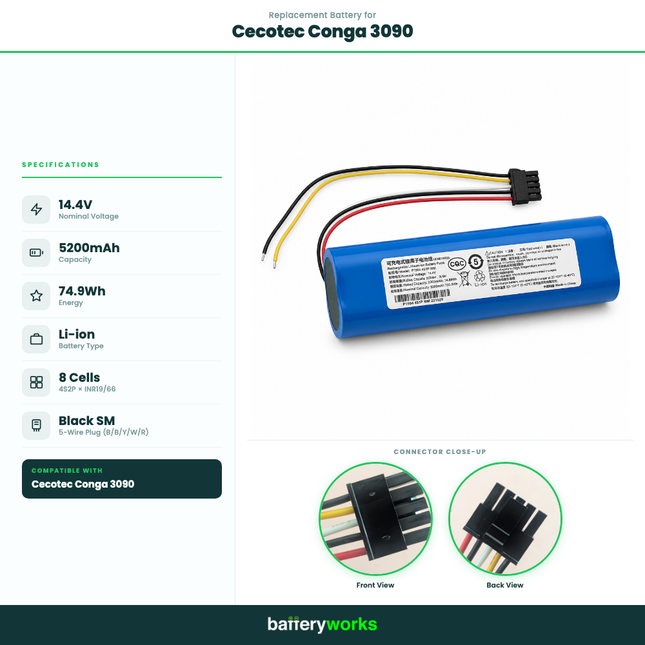 14.4V 5200mAh Li-ion Replacement Battery for Cecotec Conga Robot Vacuum