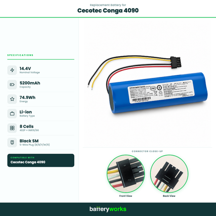 14.4V 5200mAh Li-ion Replacement Battery for Cecotec Conga Robot Vacuum