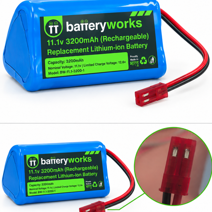 BATTERYWORKS 11.1V 3200mAh robot vacuum replacement battery with close-up inset of the red two-contact connector