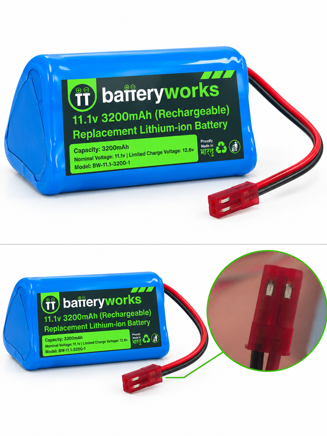 BATTERYWORKS 11.1V 3200mAh robot vacuum replacement battery with close-up inset of the red two-contact connector