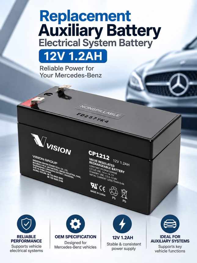 Replacement Mercedes-Benz Auxiliary Battery, Electrical System Battery | 12V 1.2AH
