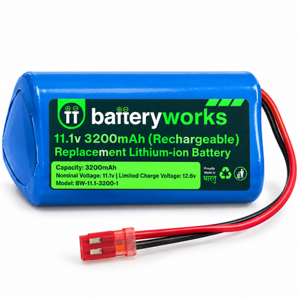 Blue BATTERYWORKS 11.1V 3200mAh rechargeable lithium-ion battery with red connector and red and black leads