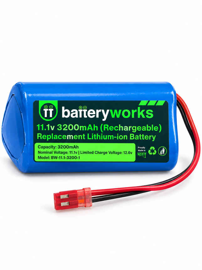 Blue BATTERYWORKS 11.1V 3200mAh rechargeable lithium-ion battery with red connector and red and black leads