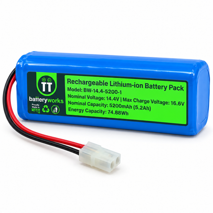 BATTERYWORKS blue 14.4V 5200mAh lithium-ion battery pack with red and black wires and white 2-wire connector
