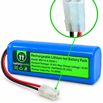 BATTERYWORKS 14.4V 5200mAh battery pack with enlarged view of the white 2-wire connector