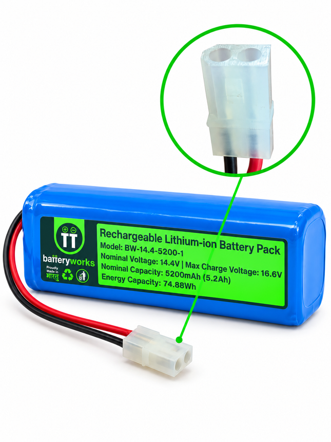 BATTERYWORKS 14.4V 5200mAh battery pack with enlarged view of the white 2-wire connector