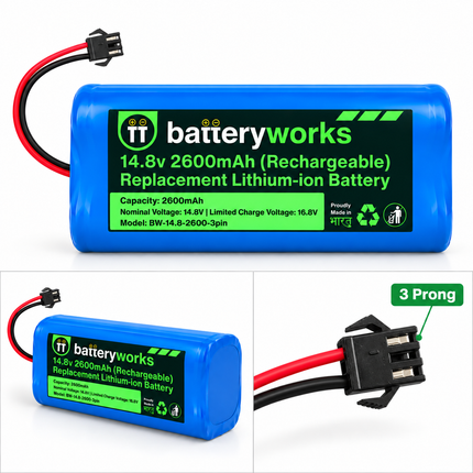batteryworks 14.8V 2600mAh Li-ion Replacement Battery - front and side view with 3-prong connector