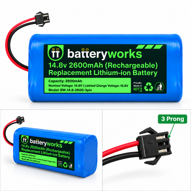 batteryworks 14.8V 2600mAh Li-ion Replacement Battery - front and side view with 3-prong connector