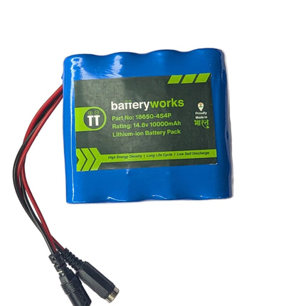 Battery pack with blue casing and visible branding on a white background