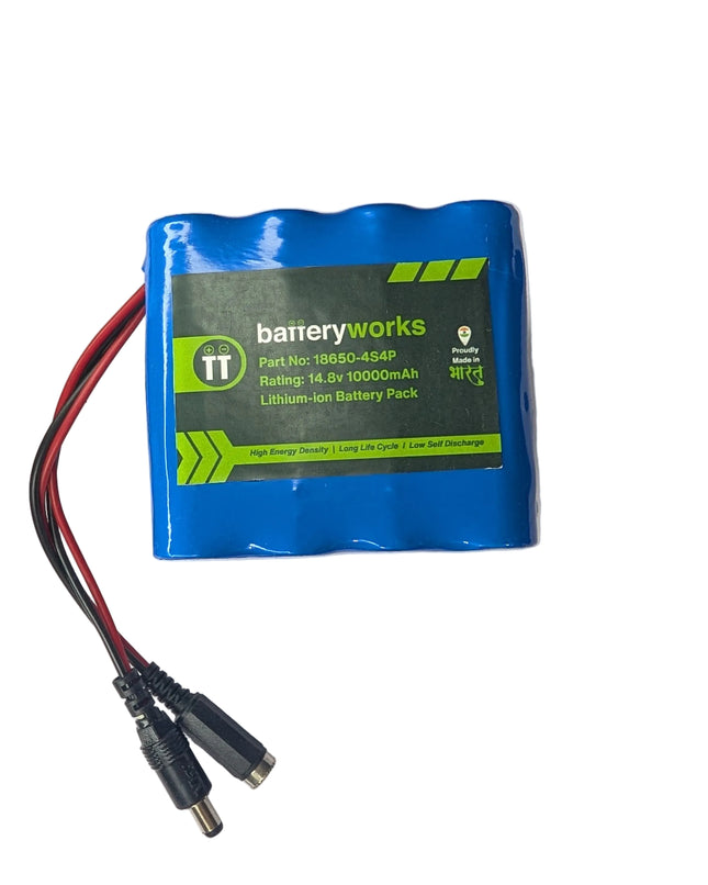 Battery pack with blue casing and visible branding on a white background