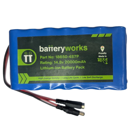 Battery works lithium-ion battery pack with blue casing and visible branding on a white background