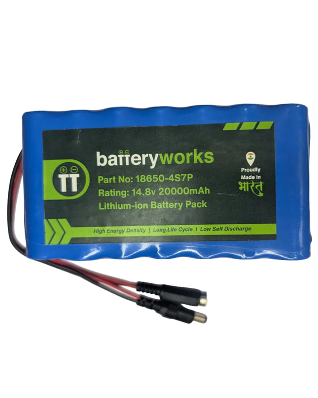 Battery works lithium-ion battery pack with blue casing and visible branding on a white background