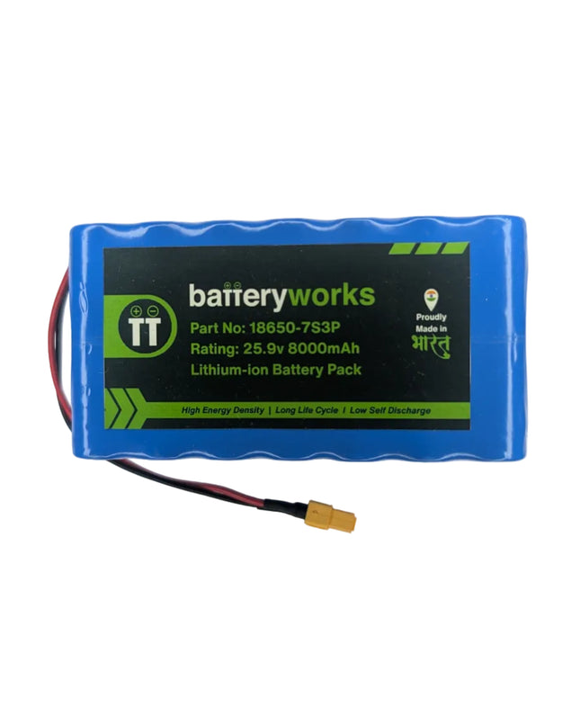 Blue battery pack with 'batteryworks' label on a white background