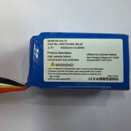 3.7V 4000mAh lithium-polymer replacement battery labeled for JBL Link 10