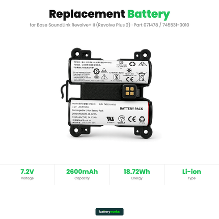 Bose SoundLink Revolve+ II Replacement Battery 2600mAh 7.2V | Part 071478 745531-0010 | BatteryWorks