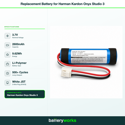 Harman Kardon Onyx Studio 3 Speaker - Replacement Battery (Lithium Polymer Battery, 3.7V, 2600mAh)