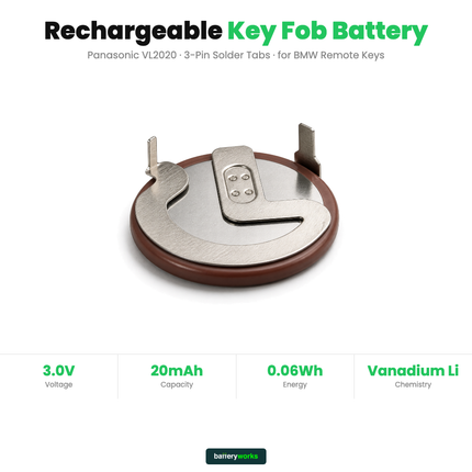 Panasonic VL2020 3V Rechargeable Battery for BMW Key Fob | 20mAh 3-Pin Coin Cell | BatteryWorks