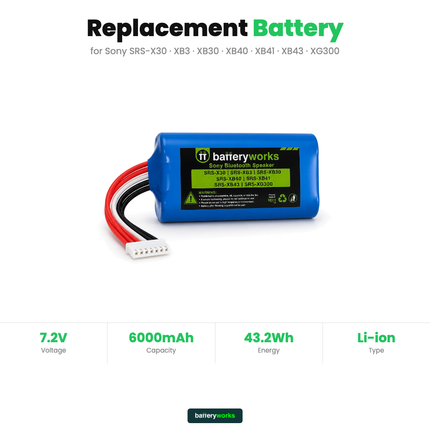Sony SRS-X30 SRS-XB3 SRS-XB30 SRS-XB40 SRS-XB41 SRS-XB43 SRS-XG300 Replacement Battery 6000mAh | BatteryWorks