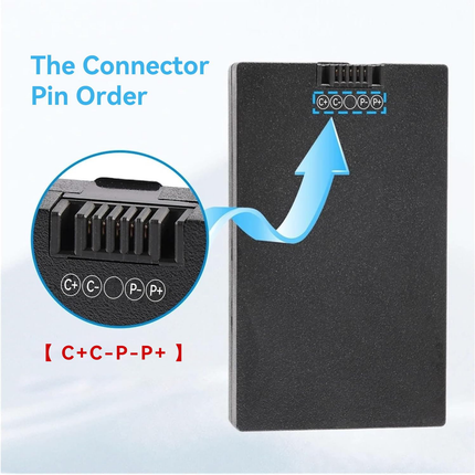 Smart door lock battery connector diagram showing C+, C−, unlabelled centre position, P− and P+