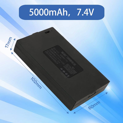 5000mAh 7.4V smart door lock battery pack showing dimensions of 102 by 60 by 17mm